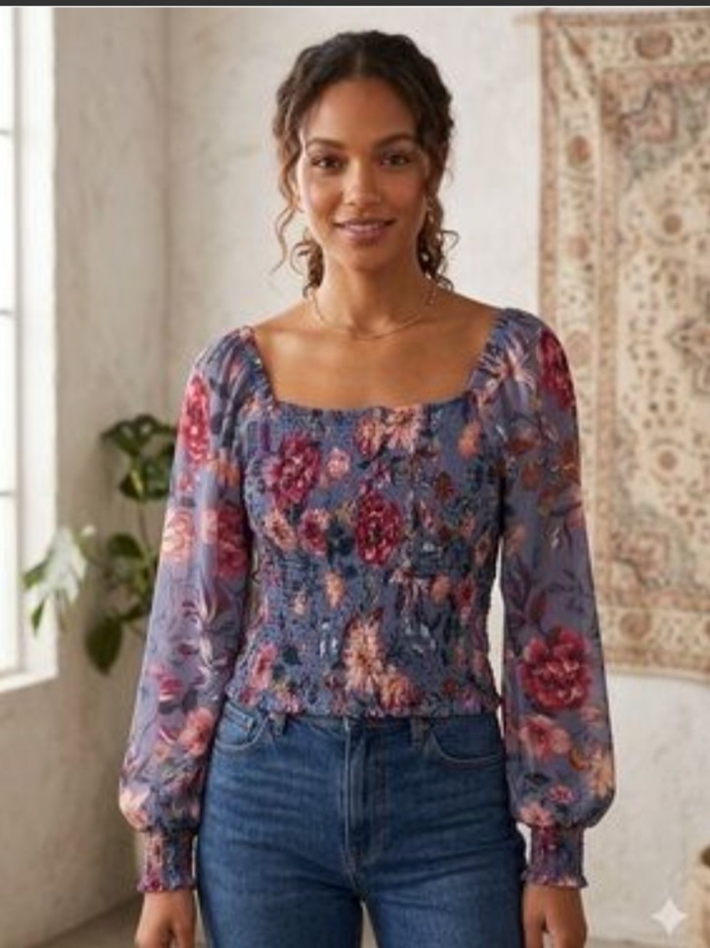 Anthropologie Lavender Floral Smocked Square-Neck Blouse
